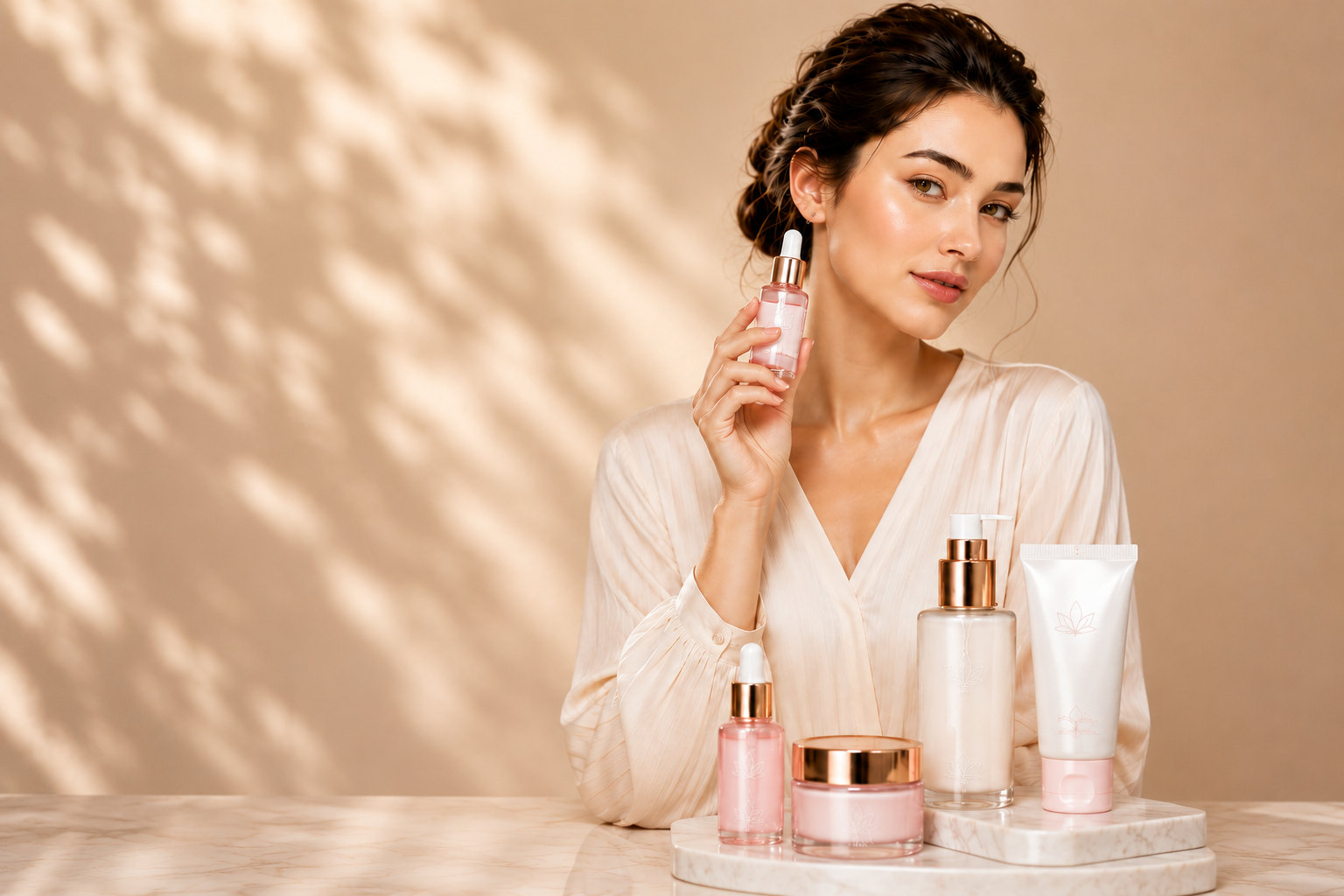Beautiful woman with glowing skin holding a luxury skincare serum bottle